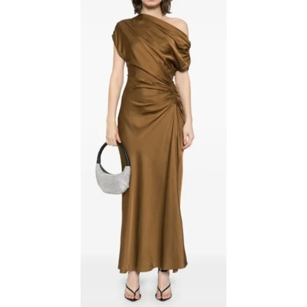 A.L.C. Penny Dress Asymmetric One Shoulder Side Ruched Maxi Gown Brown 8